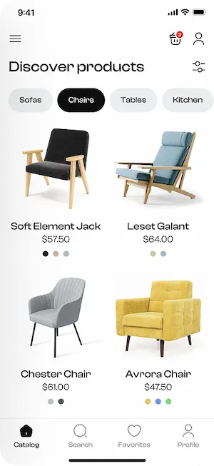 screenshot of an exotic furniture ecommerce store in mobile device